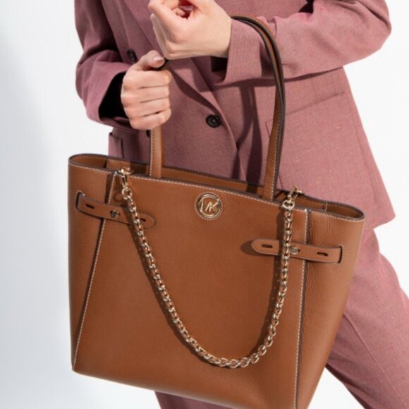 MICHAEL KORS CARMEN LARGE TOTE PEBBLE LEATHER CHESTNUT GOLD VERSATILE CARRY ALL - Picture 5 of 16